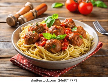 Closeup of spaghetti and meatballs with tomato sauce in a white dish on a rustic wooden board. Top view of a classic Italian meal. Vertical image. - Powered by Shutterstock