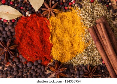 Closeup of spices composition, anise, cinnamon, paprica, curry, pepper