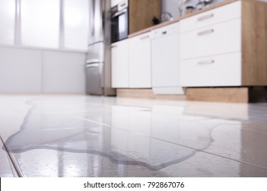 Close-up Of Spilled Water On Kitchen Floor At Home