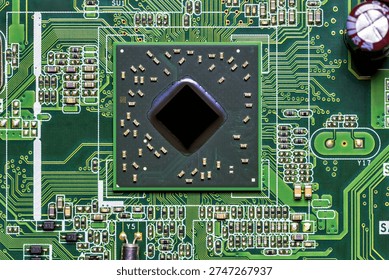 Close-up of a square integrated circuit surrounded by resistors, capacitors, and fine PCB traces. Clean, minimal, and highly technical composition suitable for electronics, engineering, and microtechnology themes.