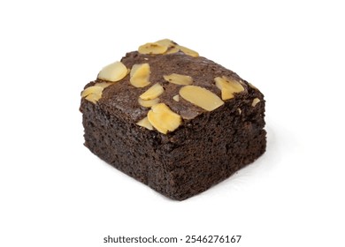 A close-up of a square-shaped chocolate brownie. The brownie has a rich, dark brown color and is topped with sliced almonds. Isolated on a white background - Powered by Shutterstock