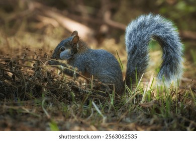 A close-up of a squirrel foraging in a sunlit forest, showcasing its bushy tail and textured fur. - Powered by Shutterstock