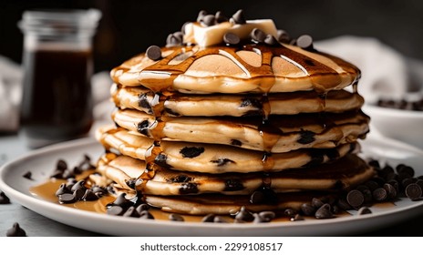A close-up of a stack of chocolate chip pancakes, drizzled with maple syrup. - Powered by Shutterstock