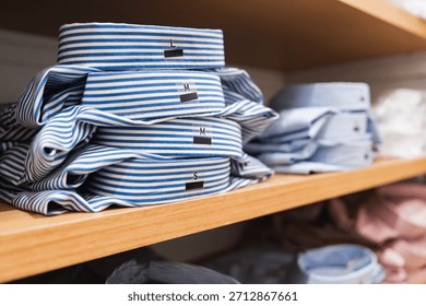Close-up of a stack of folded blue and white striped shirts with size labels organized on a wooden shelf in a retail clothing store