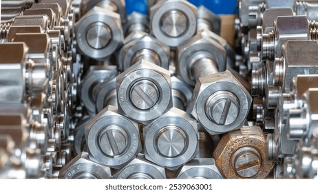Closeup of a stack of nuts and bolts with engraved abbreviations for material, tensile strength and technical standard.