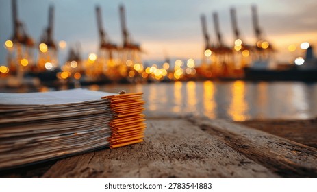 A close-up of a stack of papers on a wooden surface with a blurred industrial port in the background during twilight.