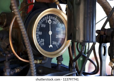 Closeup Of Steam Pressure Guage In Cab Of Working Vintage Steam Train Locomotive.