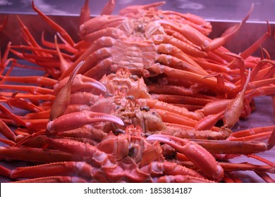 Closeup Of Steamed Red Crabs In An Outdoor Seafood Market