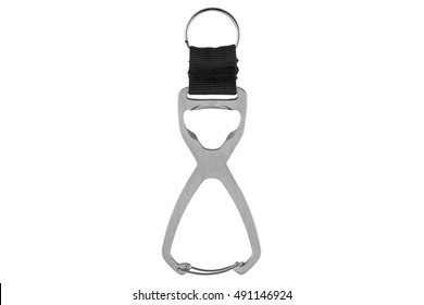 Closeup Of Steel Carabiner Keychain Ring With Bottle Opener Isolated On White Background
