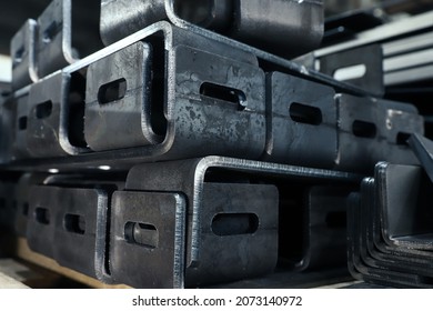 Close-up Of A Steel Part Bent On A Bending Machine And Cut From A Fiber Optic Laser Cutting Machine For Metal. 