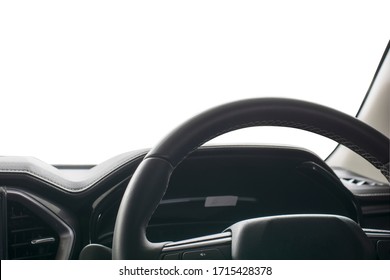 Closeup Of  Steering Wheel Car Interior Luxury Black, Dashboard, Climate Control, Speedometer, Isolated On White For Content Or Advertisement Graphic Design Background.