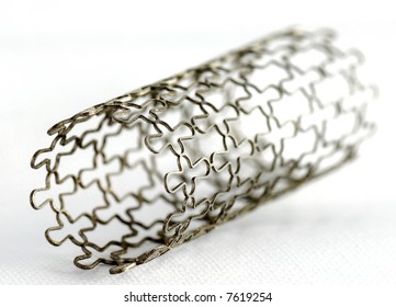 A close-up of a stent. A stent is a small mesh tube that’s used to treat narrowed or weakened arteries in the body.