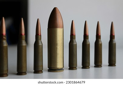 Closeup Stock Photo Of Same Ammunition And Huge Bullets In One Line. Metaphoric Image Symbolizing Diversity
