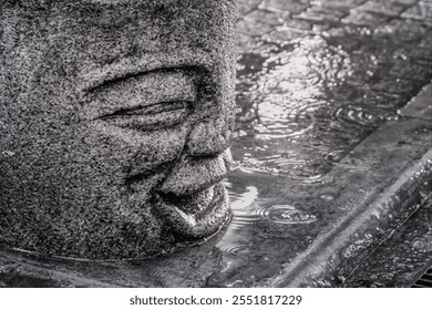 A close-up of a stone sculpture of a smiling face, partially submerged in a puddle of rainwater. Abstract, minimalism, and nature are the main themes of this image. Taiwan. - Powered by Shutterstock