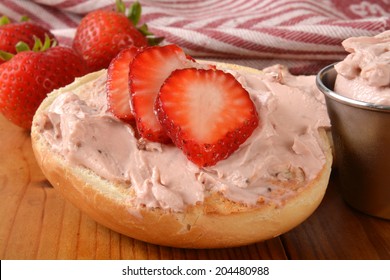 Closeup Of Strawberry Cream Cheese On A Toasted Bagel