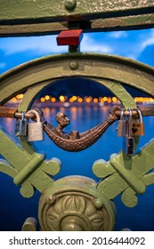 Close-up Of Street Art On The Liberty Bridge In Budapest, A Man Laying In A Hammock, With View On Danube River, Vertical