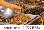 Close-up of street vendor selling fried insects (Malang tod) in an outdoor Thai market