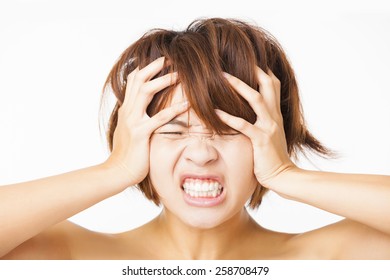 Closeup stressed young woman and yelling screaming