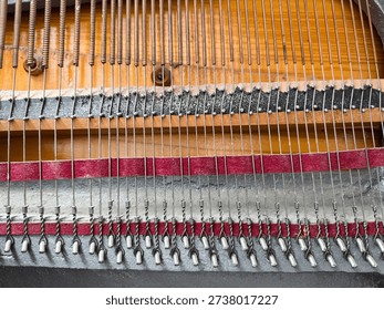 A close-up of stretched strings inside a piano, showing the complex inner workings of the instrument.