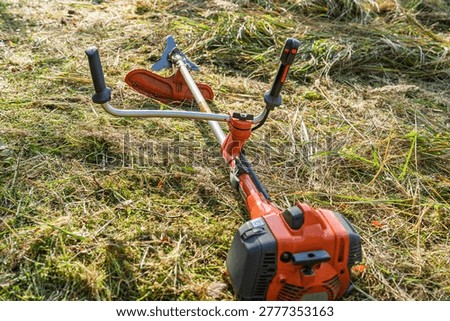 Close-up of a string trimmer resting on the grass, versatile lawn care equipment used for mowing and precise edging around the yard, trimming grass and clearing weeds in tight.