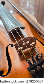 Close-up of strings, bridge, and body of a classical wooden violin with a bow