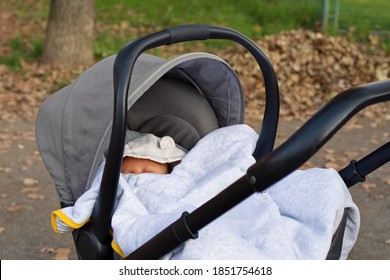 Closeup of stroller with newborn baby in park