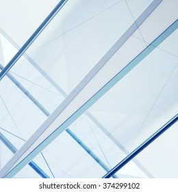 Close-up Of Structured Glass Ceiling / Roof / Wall / Facade. Transparent Glazed Aluminum Structure. Modern Architecture With Plenty Of Air And Light. Abstract Background In Light Green And Blue Colors