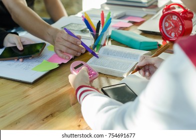 Closeup Students And Teacher Studying And Learning Together Outside Classroom Or Parent Tutoring Subject At Home For Home School Education