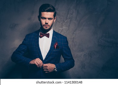 Closeup Studio Photo Portrait Of Elegant Graceful Chic Modern Attractive Member Of High Class Society Party Clothed In White Classy Shirt Isolated On Gray Background Copy Space