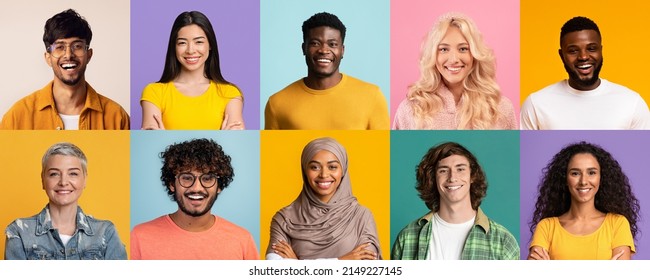 Closeup studio photos of diverse men and women different ages showing positive emotions on colorful backgrounds, set of avatars of ten people various nationalities and ethnicities, collage, panorama - Shutterstock ID 2149227145