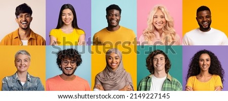 Closeup studio photos of diverse men and women different ages showing positive emotions on colorful backgrounds, set of avatars of ten people various nationalities and ethnicities, collage, panorama