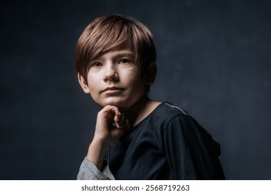 A close-up studio portrait of a young boy with a thoughtful expression, resting his chin on his hand. The dark background and soft lighting create a moody and introspective atmosphere. - Powered by Shutterstock