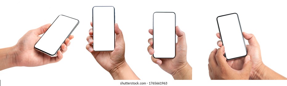 Closeup Studio Shot, Collection Of Hand Holding Phone Blank Touch Screen. Isolated On White Background. Business Man Hand Holding A Modern Smartphone.