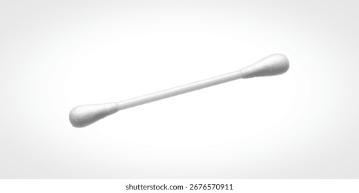 A close-up studio shot features a single white cotton swab positioned diagonally against a clean white background, highlighting its fluffy cotton tips and slender plastic handle.