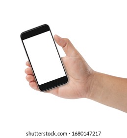 Closeup Studio Shot  Hand Holding Mobile Blank Touch Screen. Isolated On White Background. Business Man Hand Holding A Modern Smartphone.