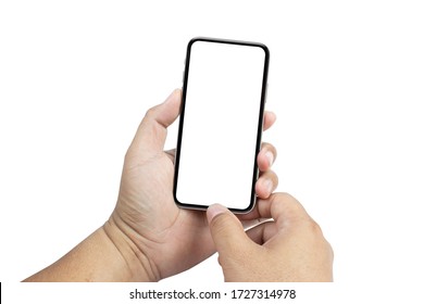 Closeup studio shot people using smartphone for scan or take picture. two hand holding phone blank screen on , isolated on white background.