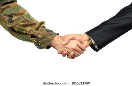 Closeup Studio Shot Of A Soldier Shaking Hands With A Politician