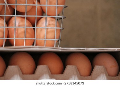 Close-up study of brown eggs stacked in two practical carrier a galvanized wire basket above and a recycled cardboard egg tray below bathed in soft natural light against a warm, neutral backdrop. The shot emphasizes organic texture and warm earthy tones of the shells, with a clean horizontal composition and generous copy space to the right for text or branding. Ideal for farm-to-table, grocery, and culinary uses, the image communicates freshness, sustainability and pantry-staple simplicity. Use this photograph for recipe blogs, supermarket ads, product packaging mockups, editorial pieces about food sourcing, or social media posts promoting wholesome breakfast options and local produce.