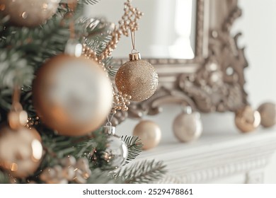 Close-up of stylish Christmas tree decorations, including gold and silver ornaments, against the backdrop of an elegant mirror in a white room. - Powered by Shutterstock