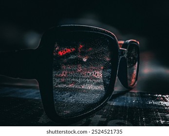 A close-up of stylish sunglasses with raindrops, reflecting vibrant lights, creating a striking contrast against a dark background. - Powered by Shutterstock