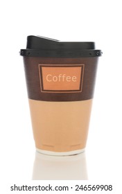 Closeup Of A Styrofoam Coffee Cup With Lid Isolated On White With Reflection. 