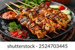 Close-up of succulent grilled chicken satay skewers, perfectly charred and caramelized, on a wooden serving board. The grilled meat is juicy and flavorful, perfect for a summer barbecue or party.