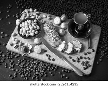 Closeup sugar Turkish delight cuisine halvah pastry cake taste brown wood desk board table text space. Old retro rustic fresh hot dark black helva seed pile heap bowl dish kitchen bar shop still life - Powered by Shutterstock