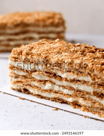 A close-up of a sumptuous Napoleon cake with multiple flaky layers filled with rich cream, topped with crumbled pastry for a delightful texture. A delectable close-up of Mille-Feuille
