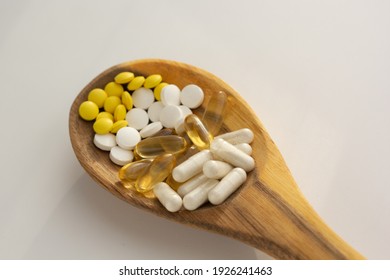 Closeup Of Supplements For Immune System: Zinc, Vitamin C, Probiotic And Vitamin D.