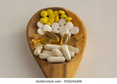 Closeup Of Supplements For Immune System: Zinc, Vitamin C, Probiotic And Vitamin D.