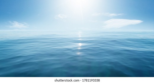 Closeup Surface Of Calm Ocean Blue Sea Water With Sunshine And Clouds Behind. Abstract Background Texture.