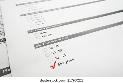 Closeup of a survey form with 55+ checked - baby boomer concept