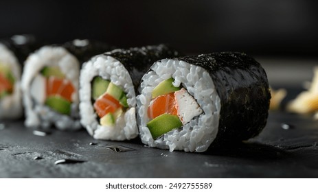 Close-up of sushi rolls with seaweed, rice, salmon, avocado, and cream cheese on a dark slate surface. - Powered by Shutterstock