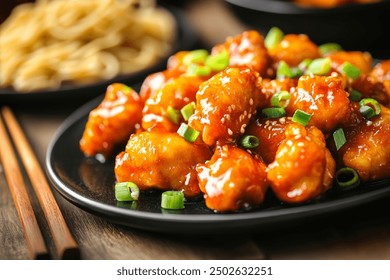 Close-up of Sweet and Sour Chicken with Sesame Seeds and Green Onions - Powered by Shutterstock